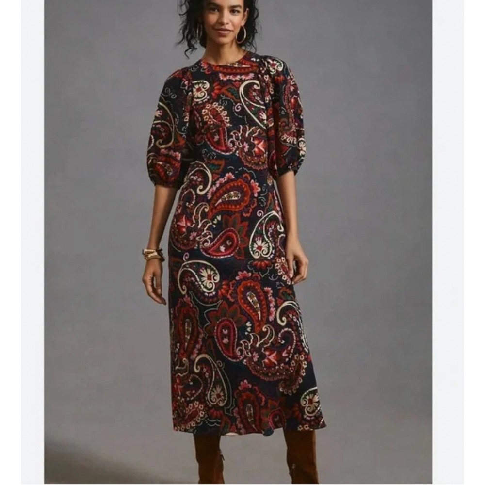 Kachel Anthropologie Paisley Puff Sleeve Maxi Dress‎ Navy Pink XS